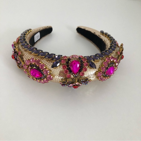 Handmade Hairband Headband Gold Pink Multicoloured Rhinestone Wedding Occasion - Picture 3 of 16